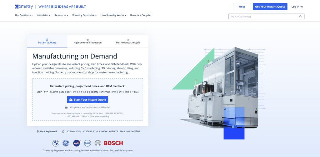 Xometry Website homepage showcasing the instant quoting platform for custom manufacturing with a 3d-rendered image of an industrial printer, including features distinguishing it from Xometry competitors.